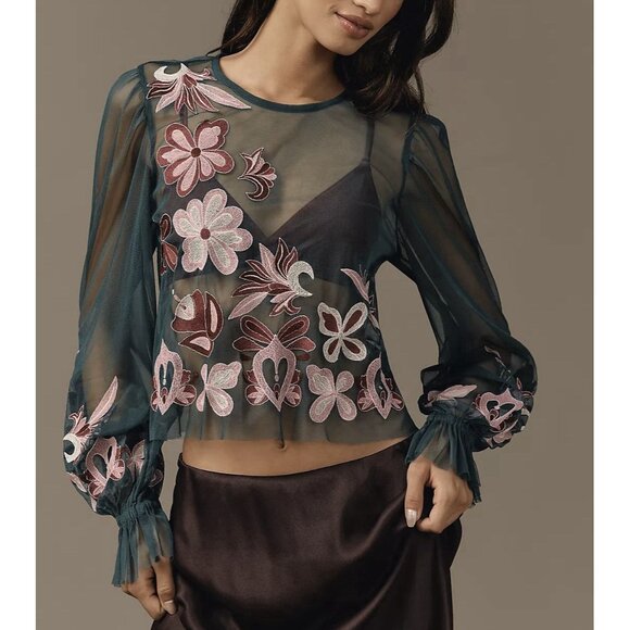 NWT Size L - ANTHROPOLOGIE Sheer Embroidered Mesh Blouse (NWT US$128) - Picture 11 of 16